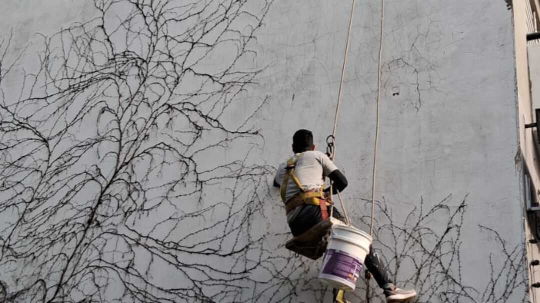 Operario pintando una medianera en altura